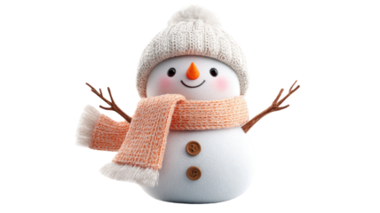 Snowman with white knitted hat and scarf showing cute winter decoration and festive holiday character detail isolated on white background