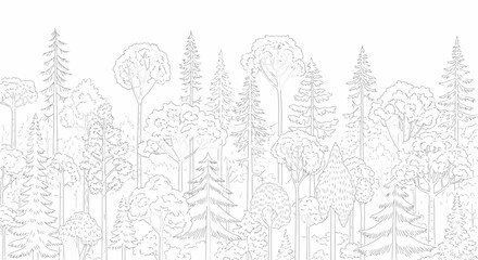 Minimalist forest line art featuring a dense collection of various trees in a muted gray tone, white background