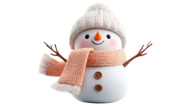 Snowman with white knitted hat and scarf showing cute winter decoration and festive holiday character detail isolated on white background