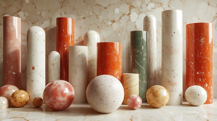 Cylindrical and spherical marble forms exhibit texture variations against a matching backdrop, creating depth