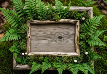 Tranquil woodland frame adorned with ferns, moss, and miniature toadstools