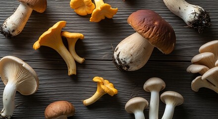 Variety of Edible Mushrooms on Wooden Surface.