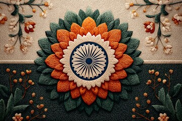 Colorful floral with Ashoka Chakra center presents unique textured symbolic backdrop and blossom design