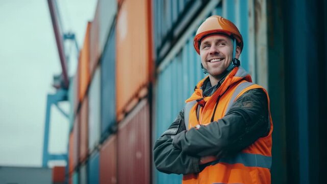 Worker smiles confidently beside colorful shipping containers at a busy port on a cloudy day - Powered by Adobe