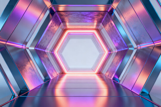 Futuristic hexagonal neon tunnel