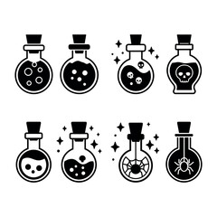 Potion Bottle Icon Set - Halloween Magic and Spooky Elixir Vector Illustration