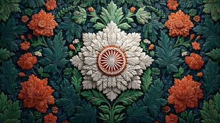 Floral display showcases intricately textured orange blossoms amidst dense green foliage with central white flower