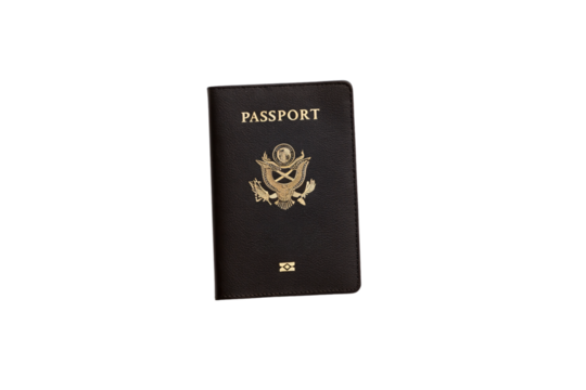 Black leather passport cover with gold embossed eagle seal and text, isolated on a transparent background