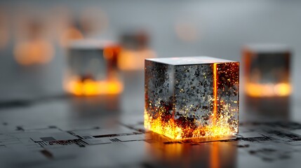 Glowing cube displays energy, light, and abstract matter on an advanced technological surface
