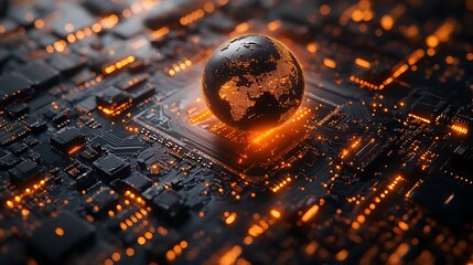 Illuminated Earth globe sits on a dark, complex circuit board showing bright glowing connections