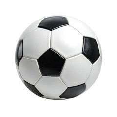 Fototapeta premium Classic soccer ball on black, featuring black and white panels. Spherical shape, perfect for sports