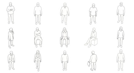 Architectural top view outline drawings of people in various poses and positions, white background