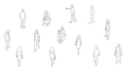 Architectural top view outline drawings of people in various poses and positions, white background © Alfarizi