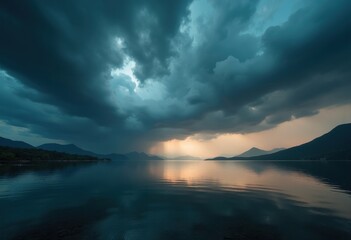 Fototapeta premium Gathering Storm Clouds Over a Serene Lake Reflections Tranquil Skies Natural Landscape