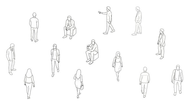 Architectural top view outline drawings of people in various poses and positions, white background