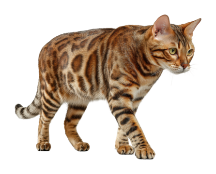 Bengal cat walking gracefully in space focused viewpoint isolated on transparent background