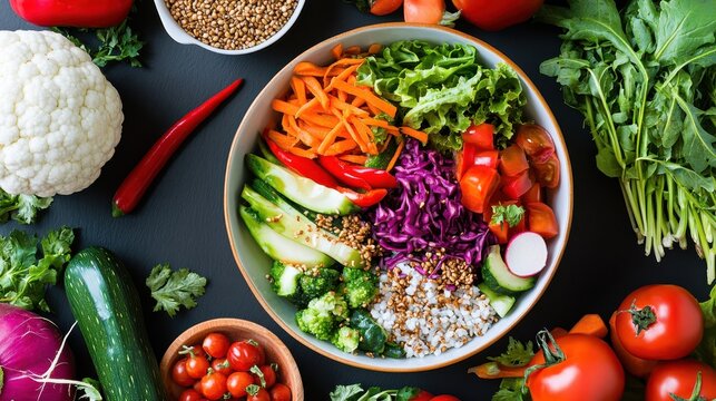 Colorful Vegan Bowl with Fresh Vegetables and Grains on Dark Background. Healthy and Nutritious Plant-Based Meal for Clean Eating and Wellness. - Powered by Adobe