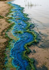 Vibrant Algae Bloom on Sandy Shoreline - A Colorful Environmental Display.