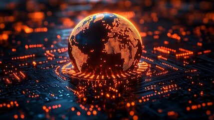 Glowing orange world map rests on complex dark blue electronic circuit background