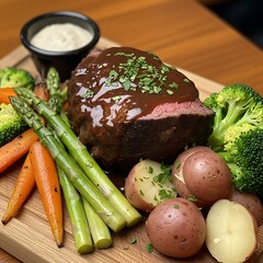 Delicious Filet Mignon with Vegetables and Sauce on a Wooden Board.