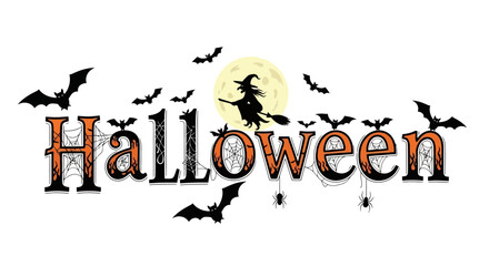 Halloween themed lettering vector design with bats and witch illustration, white background