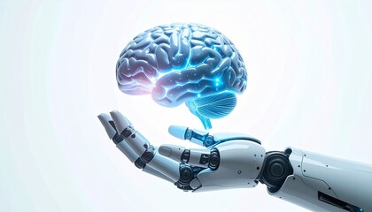 A robotic hand holds a glowing blue digital brain, symbolizing the fusion of artificial intelligence and human cognition in a futuristic technological context.