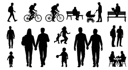 Vector silhouettes of people in various activities and poses for architectural or design projects, white background