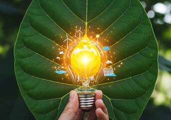 Sustainable Energy Solutions - Light Bulb with Green Leaf and Renewable Icons.