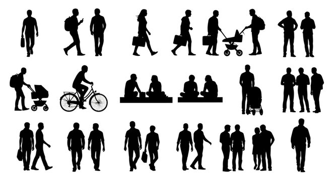 Vector silhouettes of people in various activities and poses for architectural or design projects, white background