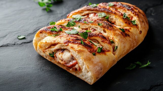 Artisan Pizza Bread Braid with Pepperoni, Cheese, and Herbs on a Black Slate Surface - Delicious Italian Food, Close-Up Studio Shot - Powered by Adobe