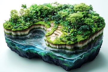 Lush tropical forest islet reveals layered earth and underwater details along the stone path