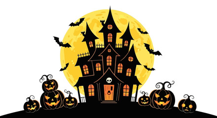 Spooky Halloween night vector illustration with a haunted house, pumpkins, bats and a full moon, white background