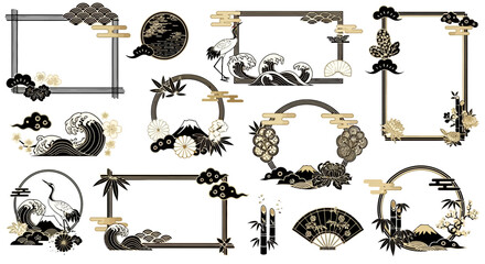 Set of Japanese style decorative frames and design elements in black and gold, white background