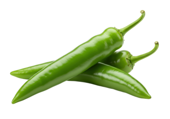 Two fresh, vibrant green chili peppers, resembling cayenne or serrano, with glossy skin and stems, gently crossed on a transparent background with soft shadows, concept for culinary product