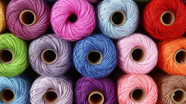 Colorful yarn spools arranged in a neat pattern perfect for crafting and creative projects