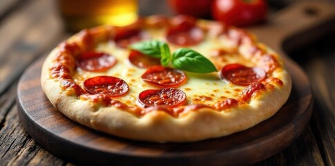 Gourmet pizza slice with fresh toppings on a rustic wooden board, close up, studio lighting, artisanal feel. A single, perfectly cooked pizza slice with a generous amount of melted mozzarella, vibrant