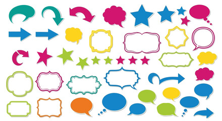 A set of colorful decorative vector illustrations including arrows, stars, frames and speech bubbles, white background