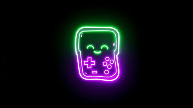 Neon illustration of a gaming console with smiling face on black background