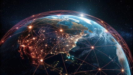 Earth from space global network visible network link glowing cities at night