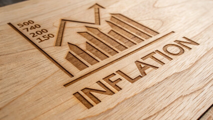 Economic growth gdp inflation carved wood chart rising arrow engraved board graphic optimistic rise