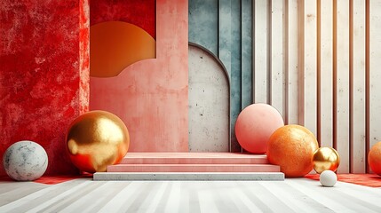 Textured geometric shapes and spheres compose a vibrant, modern interior stage setting for decorative or commercial purposes