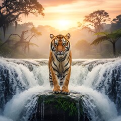 Majestic Tiger Stance - A Jungle Waterfall Portrait.