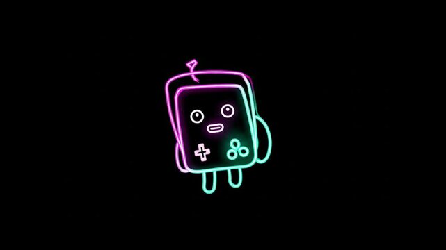 Animated neon character with controller on black background