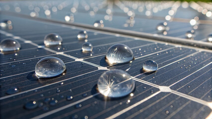 Renewable energy solar microgrid droplets on photovoltaic panel reflecting sunlight in clean sustainable power scene