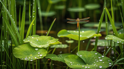 Lush wetland biodiversity conservation ecosystem hotspot with dragonfly on lotus leaf dew reflecting calm nature