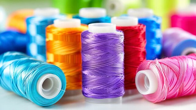 Colorful spools of thread arranged on a crafting table for sewing and embroidery activities