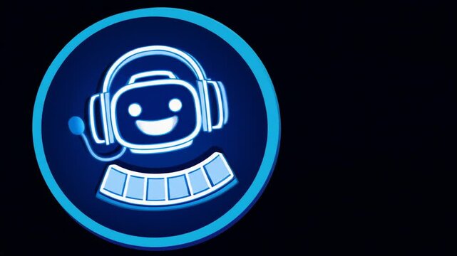 Animated robot avatar with headphones and audio levels icon on black