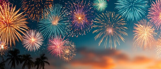 Fototapeta premium Colorful new year background with fireworks celebration banner over tropical beach festive holiday design for happy new year 2026
