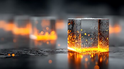 Three clear ice cubes radiate glowing orange light on a dark reflective surface