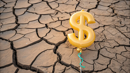 Gold dollar balloon on cracked dry soil economic growth gdp inflation symbol of fragile finance